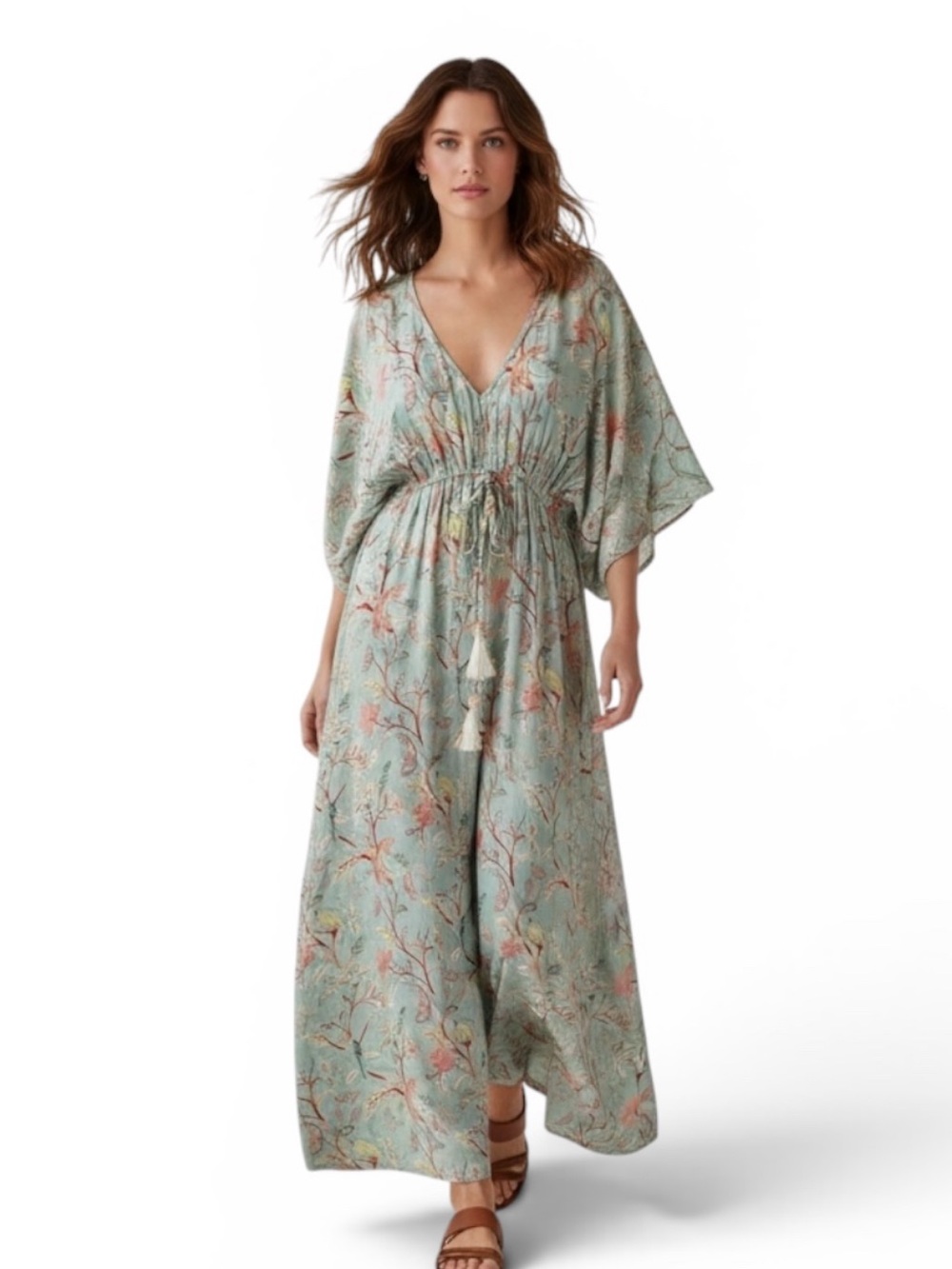 World Market Mira Sage Green and Coral Floral Lightweight Boho Maxi Dress L/XL